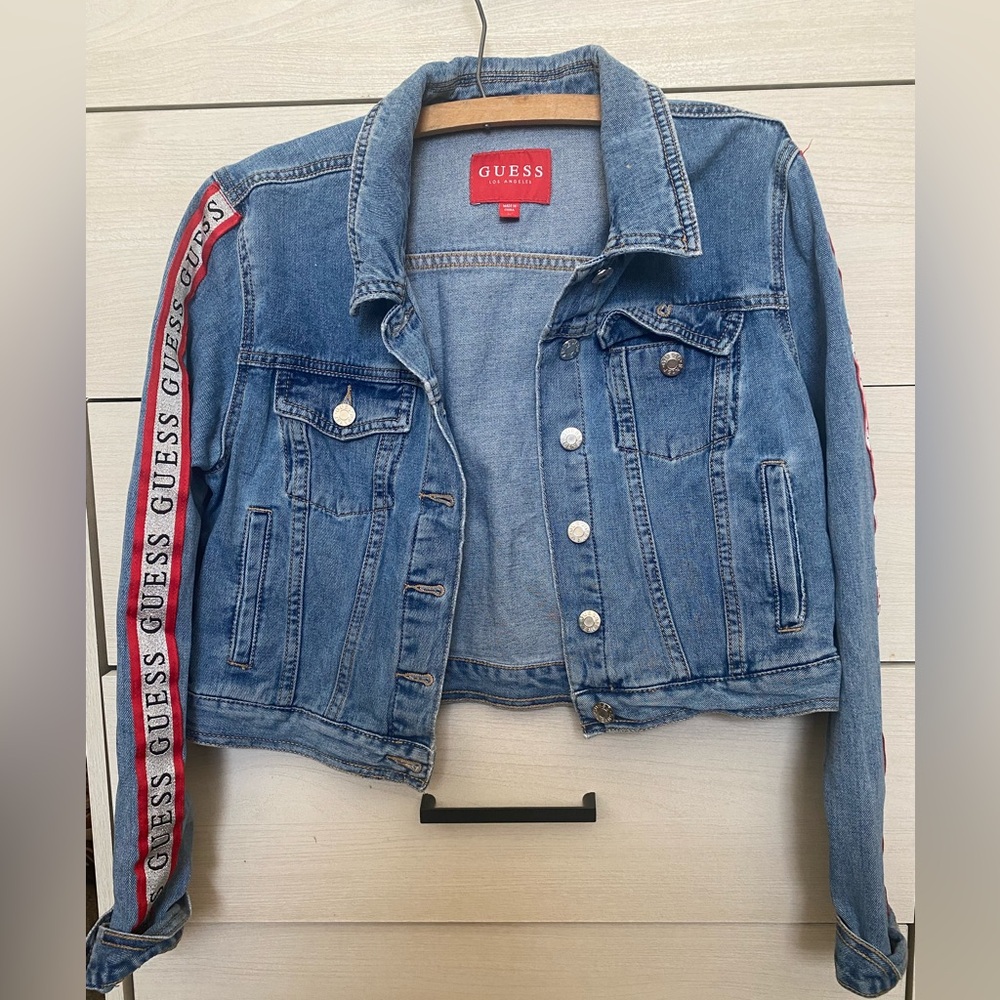 Guess Denim Jacket with Red Sleeve Detail